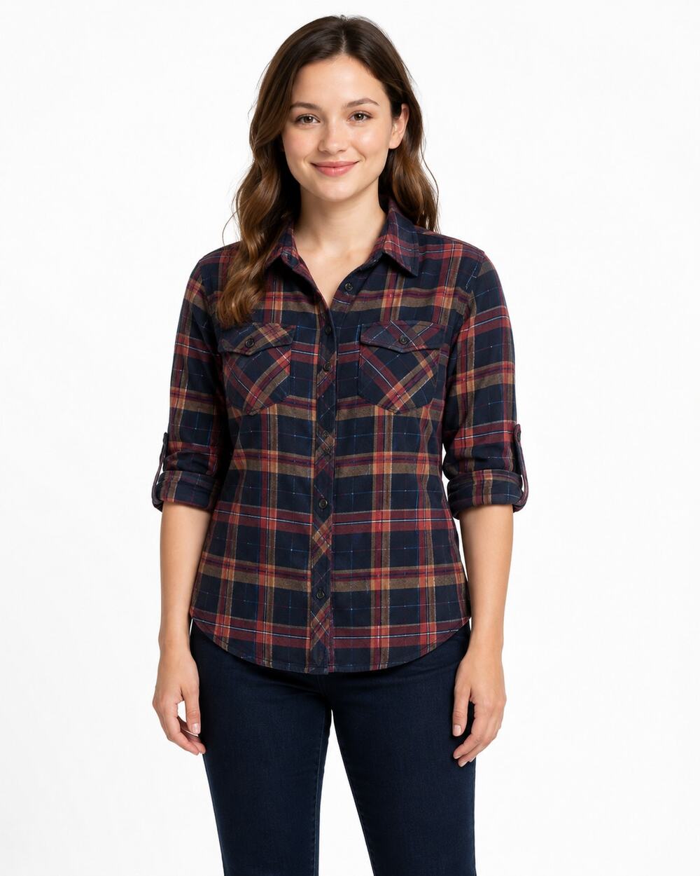 Rue21 Women’s Plaid Button-Down Shirt – Navy Pink Green Check – Size junior XL